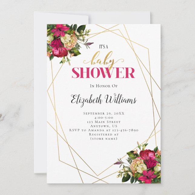 Pink Gold Flowers Baby Shower Invitation (Front)