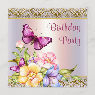 Pink Gold Flowers Butterfly Womans Birthday Party Invitation