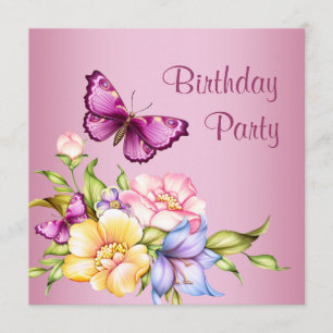 Pink Gold Flowers Butterfly Womans Birthday Party Invitation