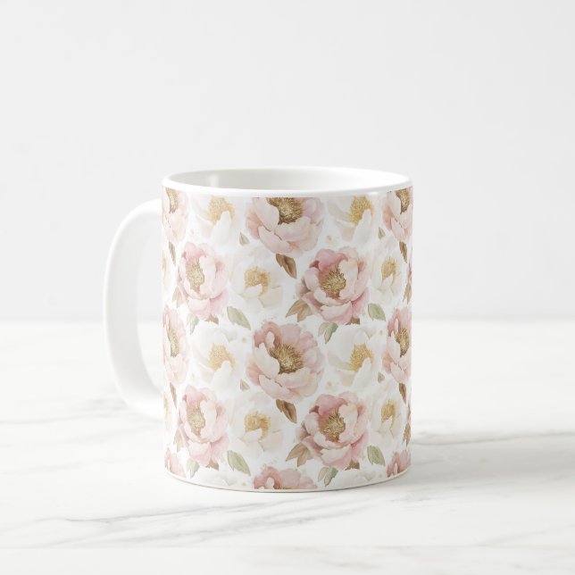 Pink Gold Flowers Coffee Mug (Front Left)