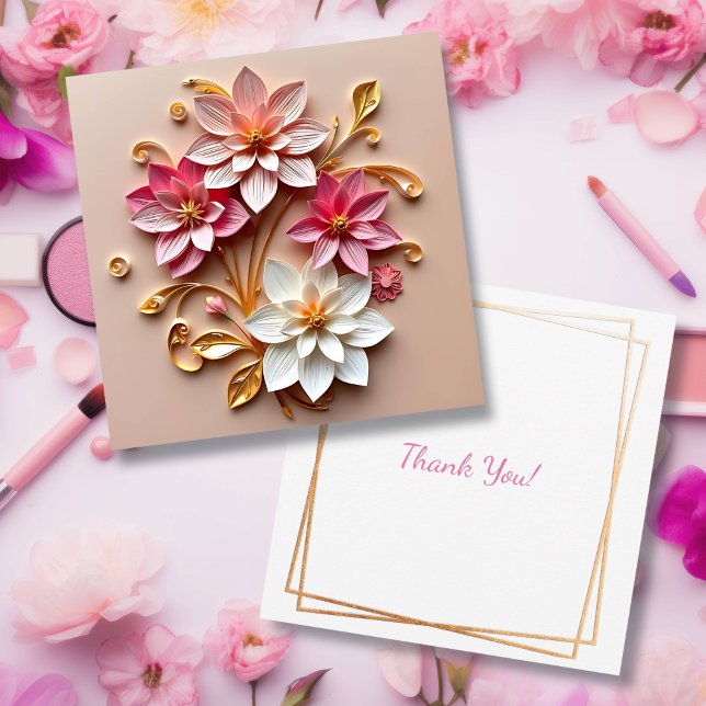 Pink & Gold Flowers Faux Paper Quilling Thank You Card (Creator Uploaded)
