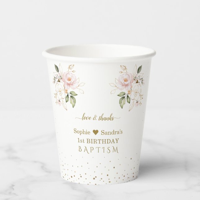 Pink Gold Flowers Girls Twins 1st Birthday Baptism Paper Cups (Front)