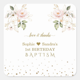 Pink Gold Flowers Girls Twins 1st Birthday Baptism Square Sticker