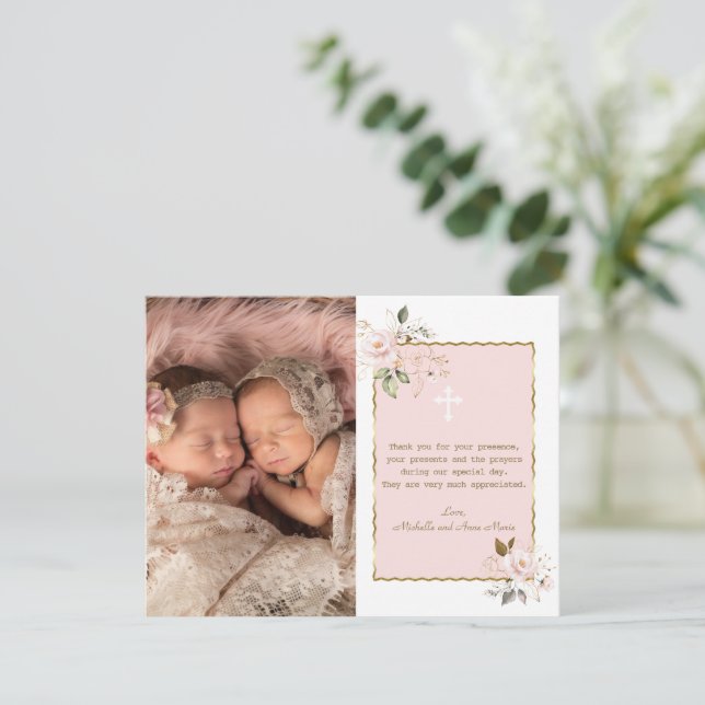 Pink Gold Flowers Photo Girls Twins Baptism  Thank You Card (Standing Front)