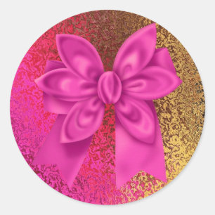 Pink & Gold Foil Look with Pink Bow Classic Round Sticker