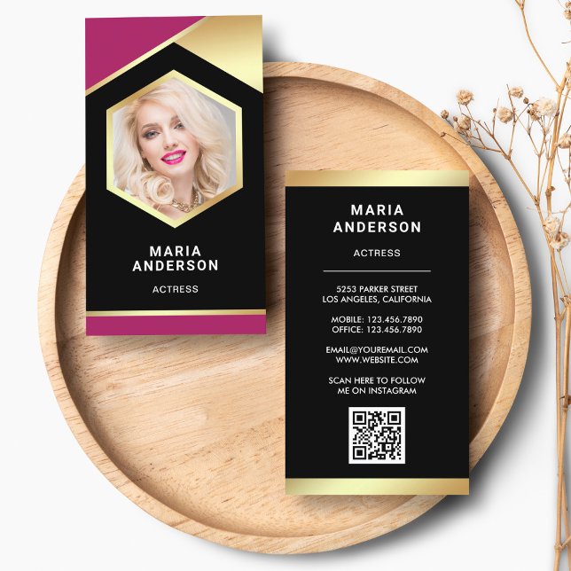 Pink Gold Foil Model Actress QR Code Photo Business Card (Creator Uploaded)