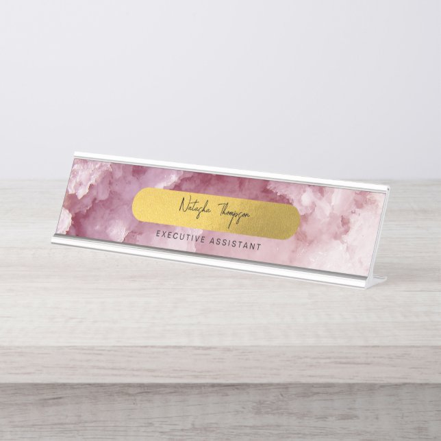 Pink Gold Foil Sea Crystals Signature Script   Desk Name Plate (Front)