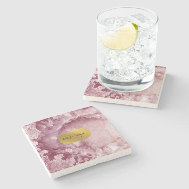 Pink Gold Foil Sea Crystals Signature   Stone Coaster (Side)