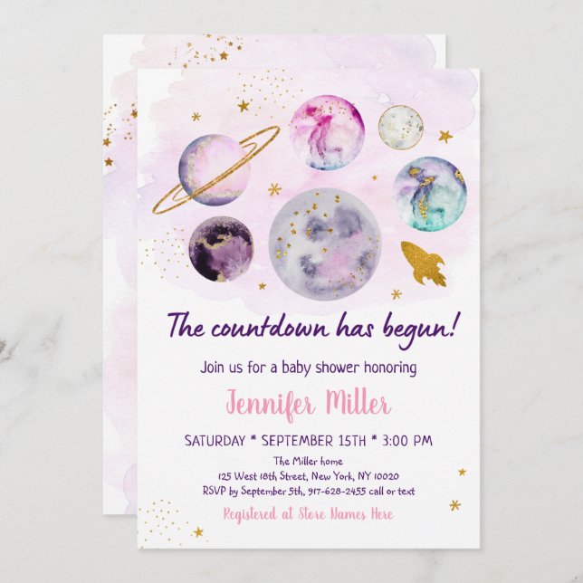 Pink Gold Galaxy Countdown Has Begun Baby Shower Invitation (Front/Back)