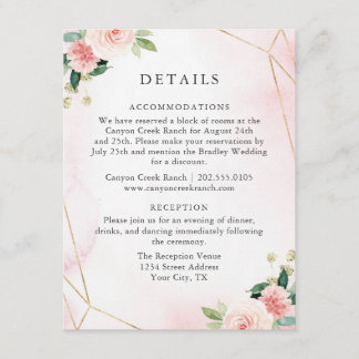 Pink & Gold Geometric Floral Guest Details Card