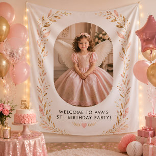 Pink Gold Girl 5th Birthday Backdrop Banner Tapestry
