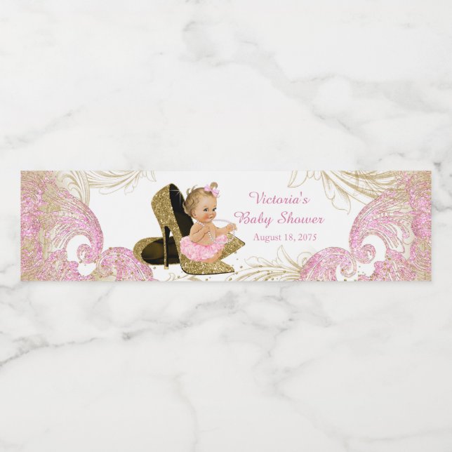 Pink Gold Girl Baby Shower Water Bottle Labels (Single Label)