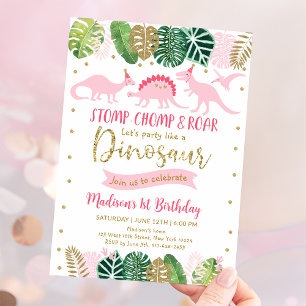 Pink & Gold Girl Dinosaur Birthday Invitation