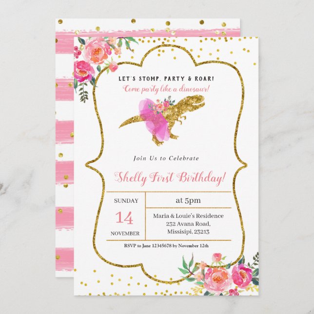 Pink Gold GIRL DINOSAUR BIRTHDAY Invitation (Front/Back)