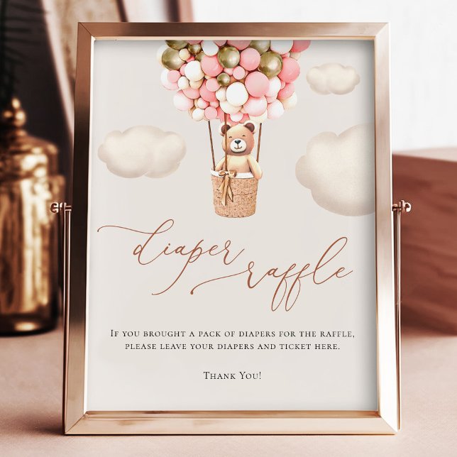 Pink Gold Girls Bear Balloons Diaper Raffle Sign (Creator Uploaded)