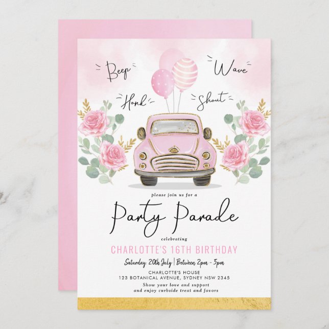 Pink Gold Girls Drive By Birthday Party Parade Invitation (Front/Back)