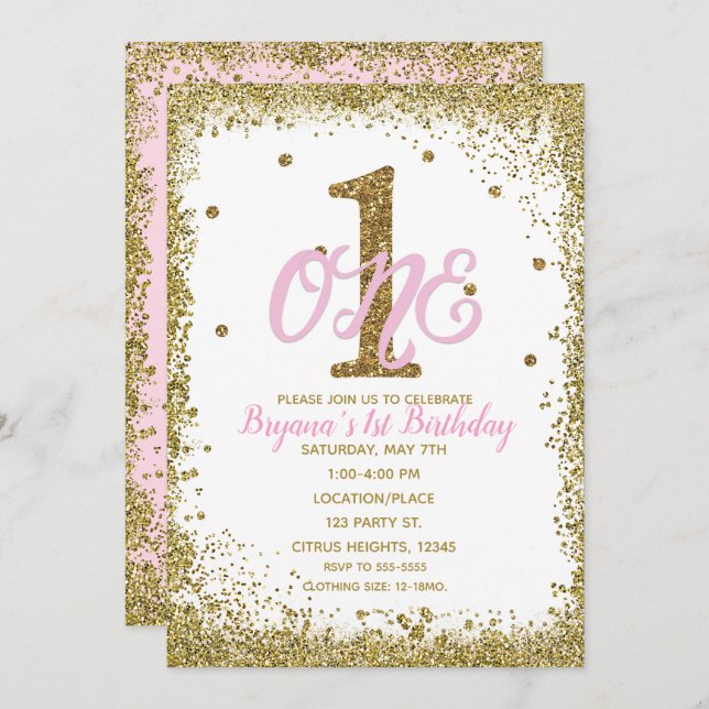 Pink & Gold Girls ONE 1st Birthday Party Invitation (Front/Back)