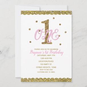 Pink & Gold Girls ONE 1st Birthday Party Invitation