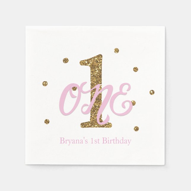 Pink & Gold Girls ONE 1st Birthday Party Napkin (Front)
