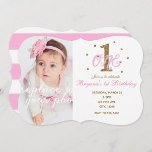 Pink & Gold Girls ONE 1st Birthday Party Photo Invitation
