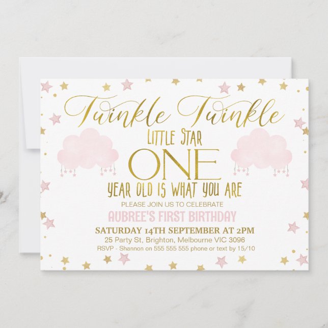 Pink Gold Girl's Twinkle Little Star 1s Birthday Invitation (Front)