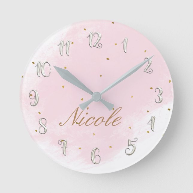 Pink & Gold Girly Glam Modern Personalised Name Round Clock (Front)