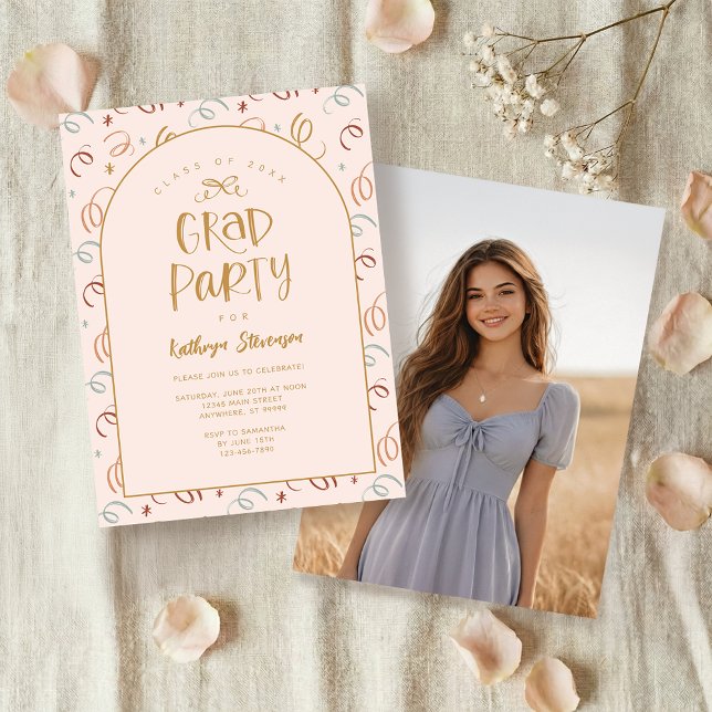 Pink Gold Girly Hand Drawn Confetti Grad Party Invitation (Front + Back View)