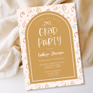 Pink Gold Girly Hand Drawn Confetti Grad Party Invitation
