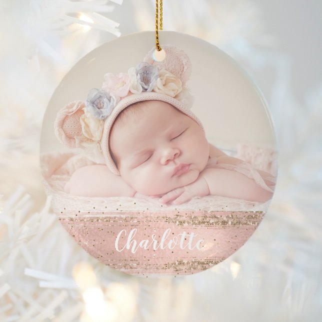 Pink Gold Glam Custom Girl Baby Photo Personalised Ceramic Ornament (Creator Uploaded)