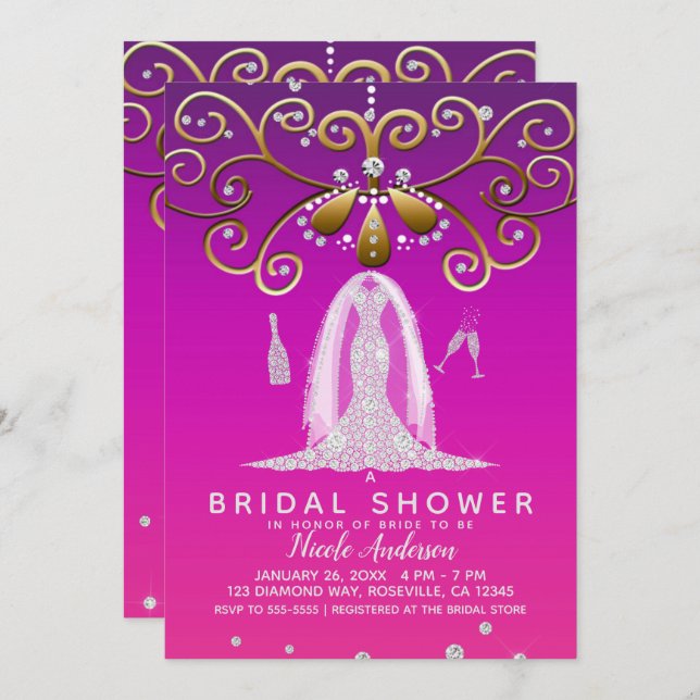 Pink Gold Glam Diamond Wedding Dress Bridal Shower Invitation (Front/Back)
