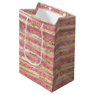 Pink Gold Glam Glitter Stripes Medium Gift Bag