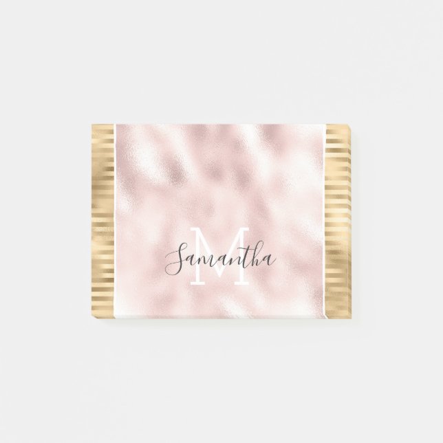 Pink Gold Glam Stripes personalised Monogram Post-it Notes (Front)