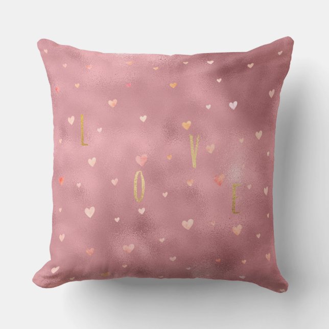 Pink Gold Glam Watercolor Love Hearts Cushion (Front)