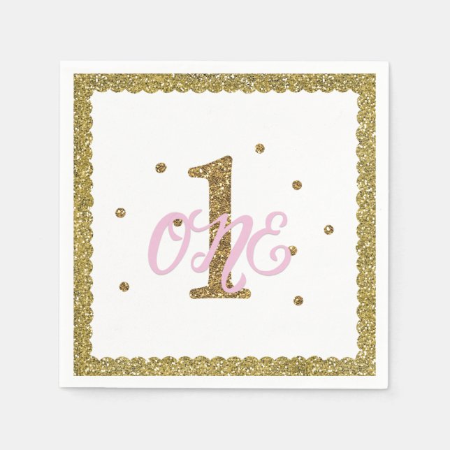Pink & Gold Glitter 1 ONE 1st Birthday Party Napkin (Front)