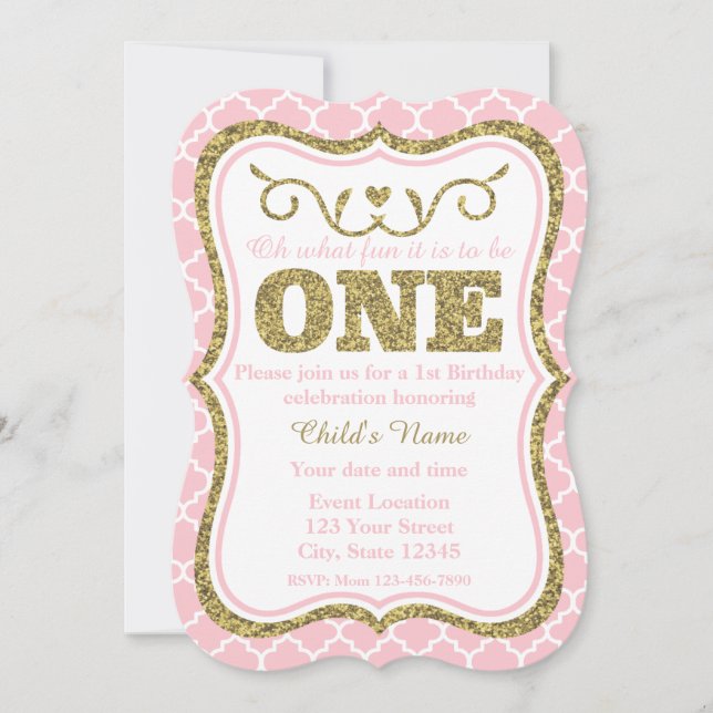 Pink Gold Glitter 1st Birthday Scalloped Invitation (Front)