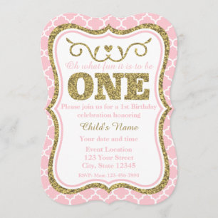 Pink Gold Glitter 1st Birthday Scalloped Invitation