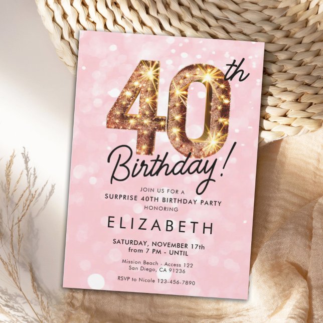 Pink Gold Glitter 40th Digital Birthday Invitation (Creator Uploaded)
