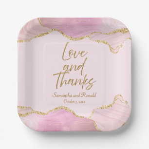 Pink & Gold Glitter Agate Love and Thanks Wedding Paper Plate