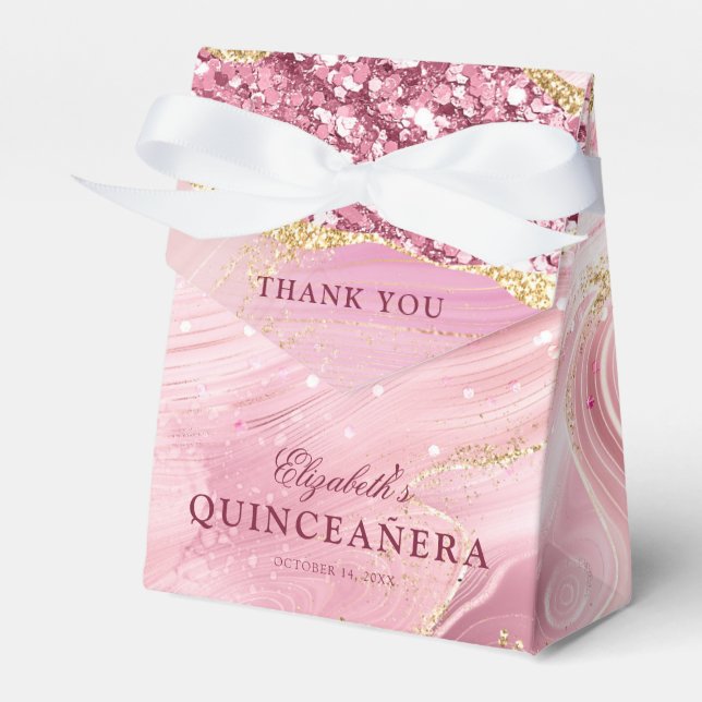 Pink Gold Glitter Agate Marble 15th Quinceañera Favour Box (Front Side)