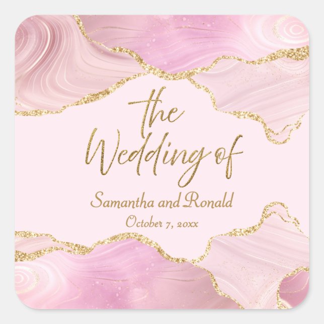 Pink & Gold Glitter Agate The Wedding Of  Square Sticker (Front)