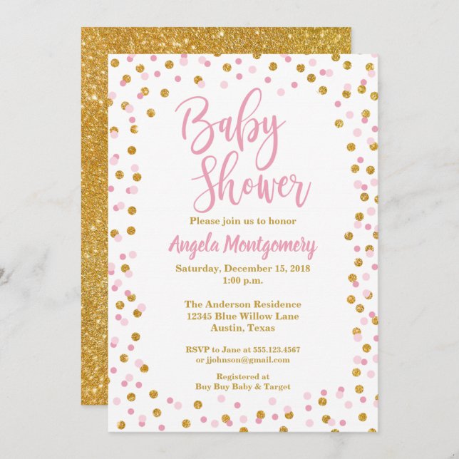 Pink & Gold Glitter Baby Shower Invitation (Front/Back)