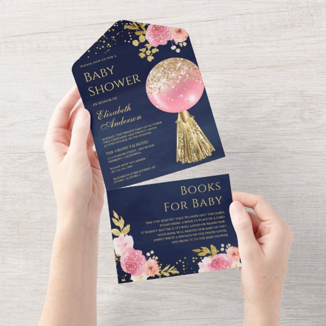 Pink Gold Glitter Balloon Floral Navy Baby Shower All In One Invitation (Tearaway)