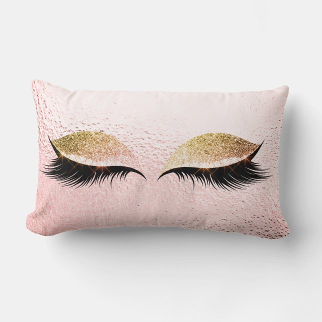 Pink Gold Glitter Black Lashes Glam Make Up Grey Lumbar Cushion (Front)