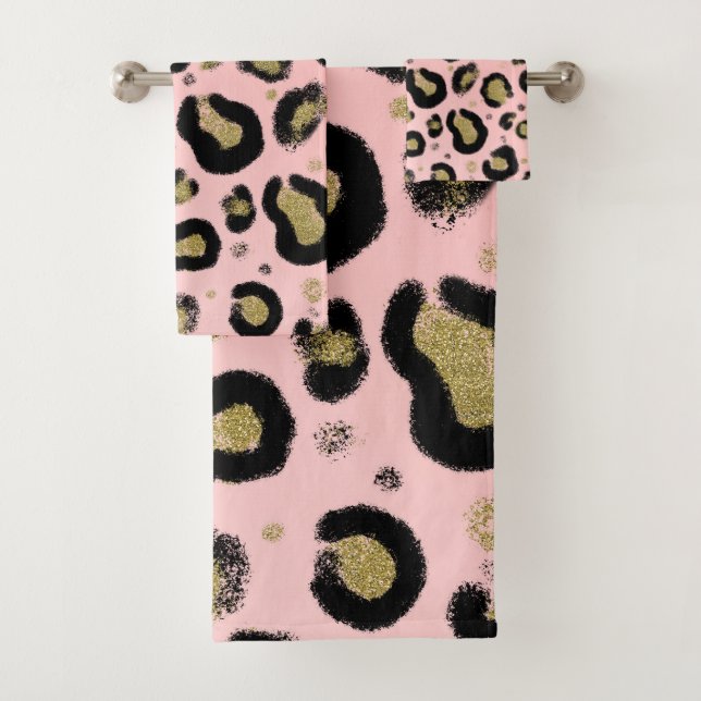 Pink Gold Glitter & Black Leopard Cheetah Print Bath Towel Set (Insitu)