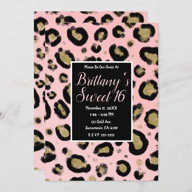 Pink Gold Glitter & Black Leopard Sweet 16 Party Invitation (Front/Back)