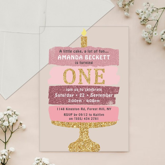 Pink & Gold Glitter Cake 1st Birthday Acrylic Invitations (Creator Uploaded)