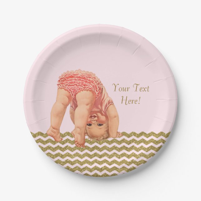 Pink Gold Glitter Chevron Baby Shower Paper Plate (Front)