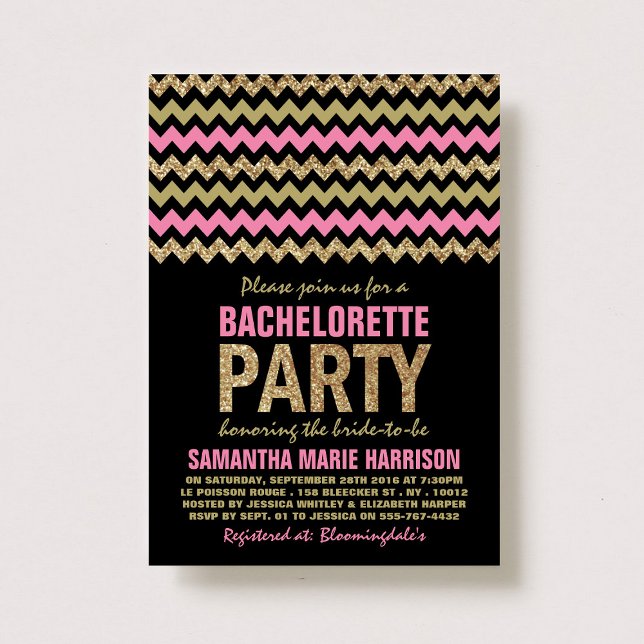 Pink & Gold Glitter Chevron Bachelorette Party Invitation (Creator Uploaded)