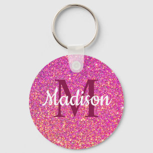 Pink Gold Glitter Chic Monogram Name Custom Key Ring