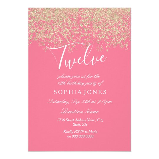 Pink Gold Glitter Confetti 12th birthday party Invitation | Zazzle.com.au